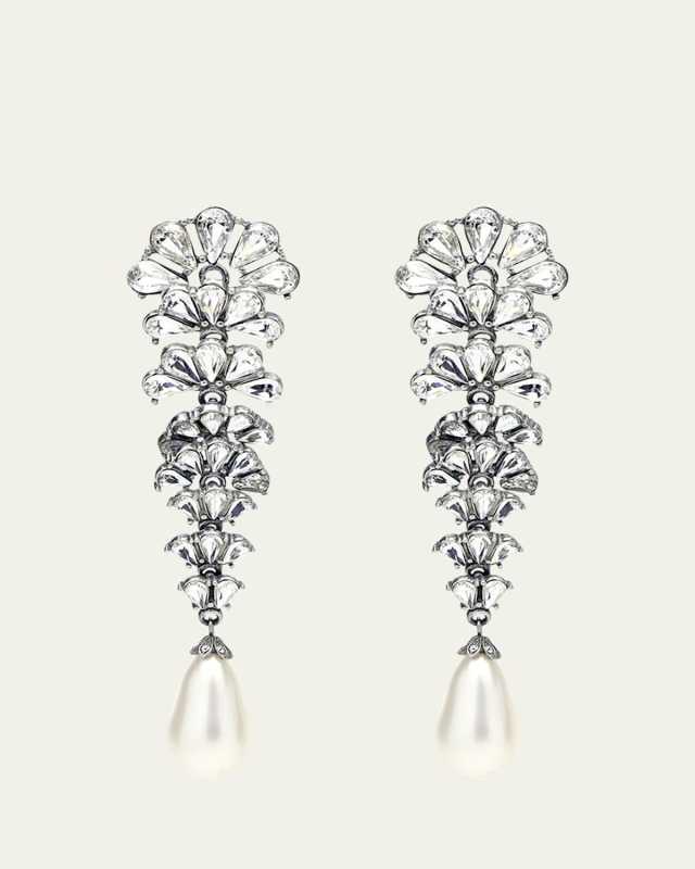 Crystal Fan Earrings w/ Pearly Teardrop